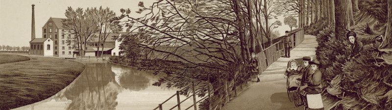 Croydon: Bridle Path to Beddington u řeky Wandle, Waddon Mills (litho) od English School