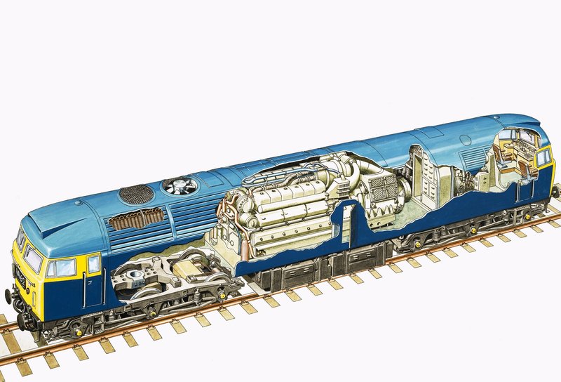 Výřez britské diesel-elektrické lokomotivy Raul Class 47 Brush o výkonu 2 750 k od English School