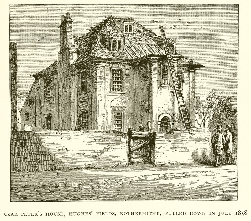 Dům cara Peterse, Hughes Fields, Rotherhithe, zbořen v červenci 1858 od English School