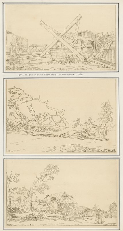 Škody způsobené velkou bouří v Roehamptonu, 1780 (inkoust na papíře) od English School