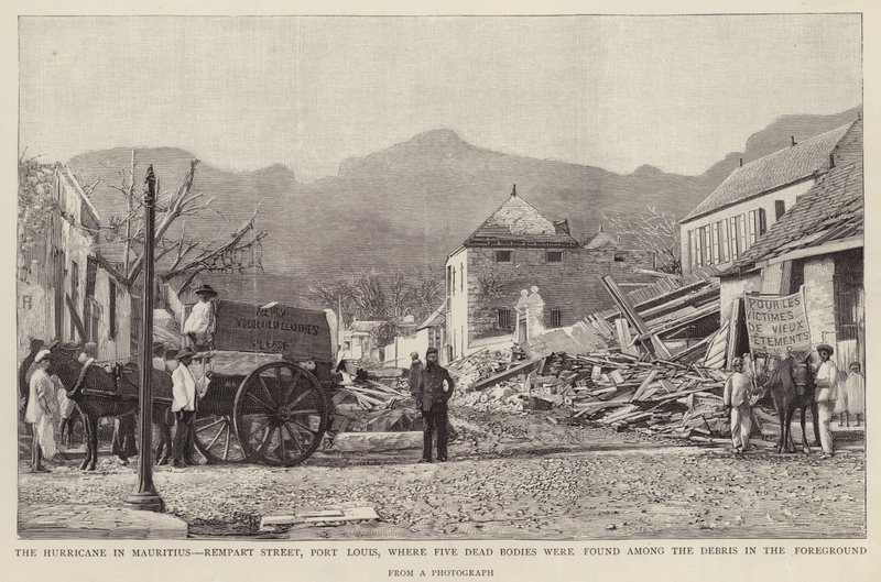 Škody na Rempart Street, Port Louis, způsobené cyklónem Mauricius (litho) z roku 1892 od English School