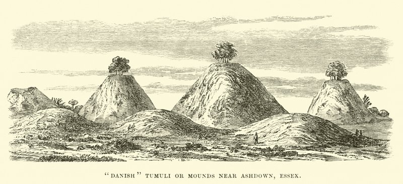 Dánské Tumuli nebo Mounds poblíž Ashdown, Essex od English School
