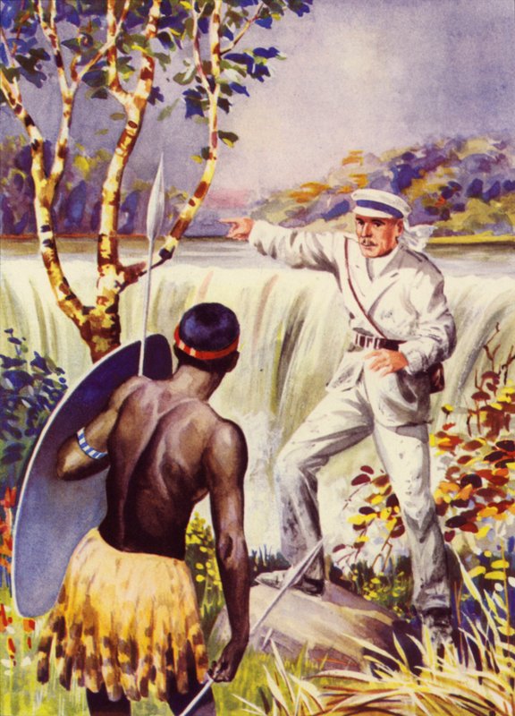 David Livingstone u Viktoriiných vodopádů (barevné lito) od English School