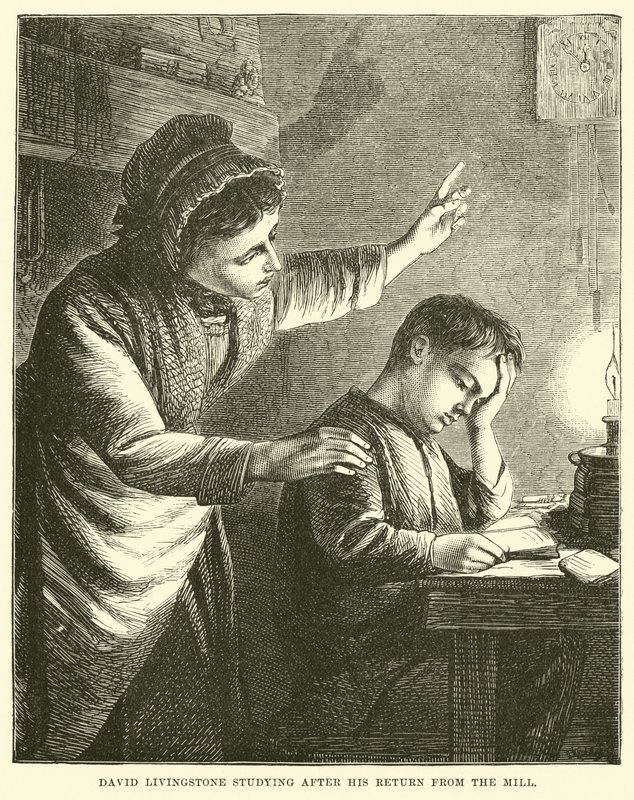David Livingstone studuje po svém návratu ze mlýna od English School