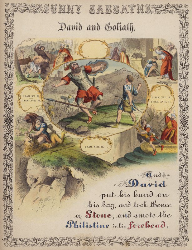David a Goliáš (barevná rytina) od English School