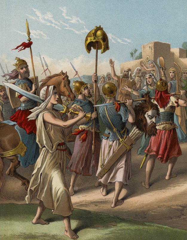 David se vrací ze zabití Pelištejců (chromolitho) od English School