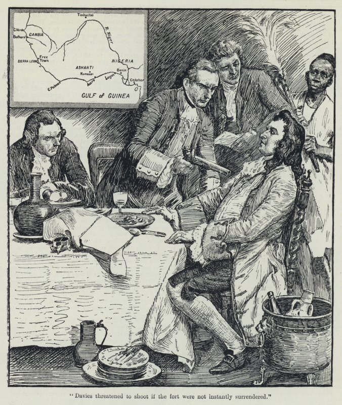 „Davies vyhrožoval střelbou, pokud se pevnost okamžitě nevzdá“ (litho) od English School