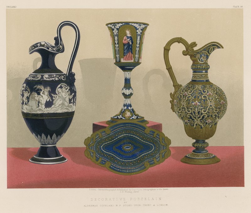 Dekorativní porcelán od Aldermana Copelanda MP Stoke-upon-Trent a Londýn od English School