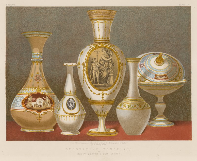 Dekorativní porcelán od pánů Battam a Son, Londýn od English School