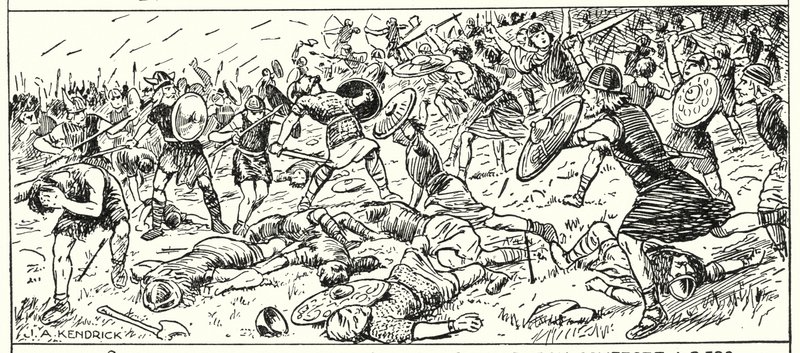 Porážka Západních Sasů u Mount Budon, Somerset, AD 500 (litografie) od English School