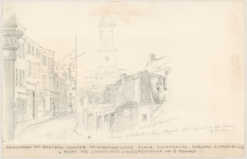 Demolice Eastern Corner, St Martins Lane, Londýn od English School