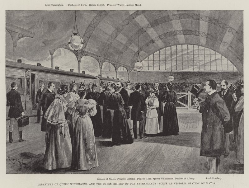 Odjezd královny Wilhelminy a nizozemské královny regentky, scéna na nádraží Victoria 9. května (litho) od English School