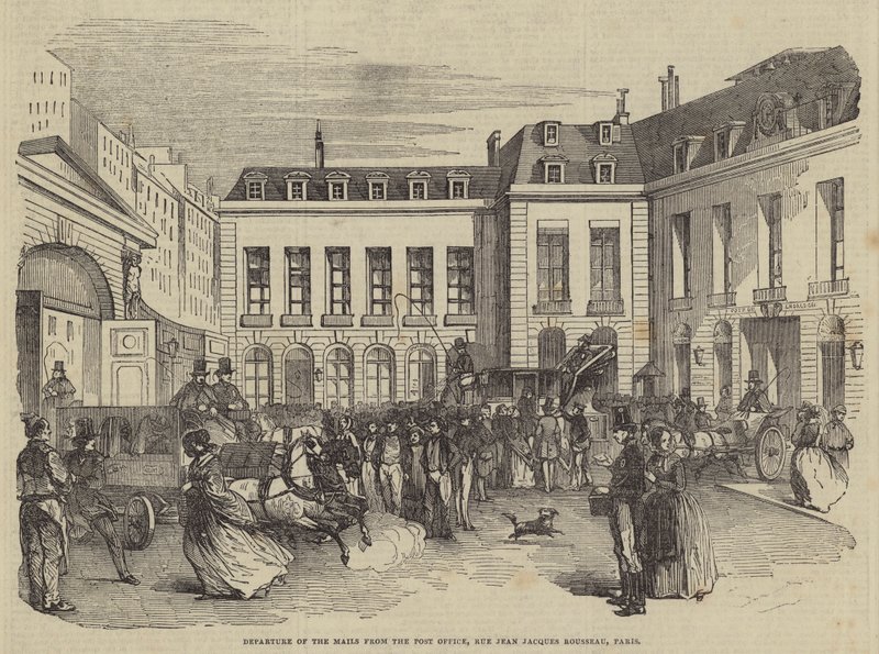 Odjezd pošty z pošty, Rue Jean Jacques Rousseau, Paříž (rytina) od English School