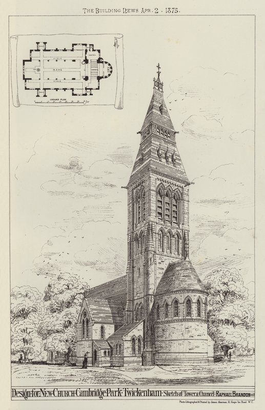Design for New Church, Cambridge Park, Twickenham, Sketch of Tower and Chancel (rytina) od English School