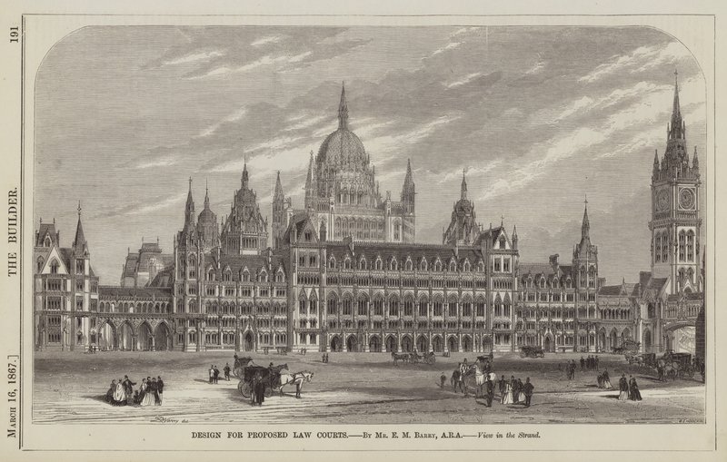 Design for Proposed Law Courts, pan E M Barry, ARA, View in the Strand (rytina) od English School