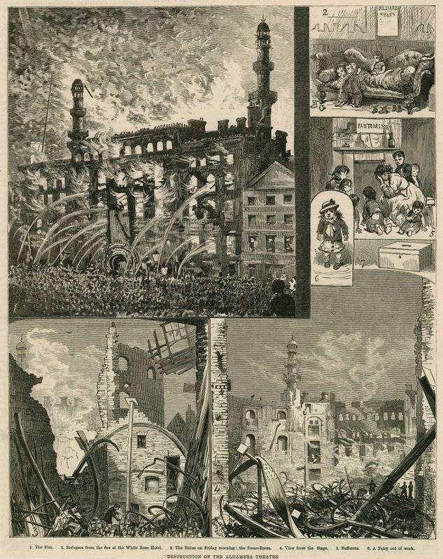 Zničení divadla Alhambra v Londýně dne 7. prosince 1882 od English School