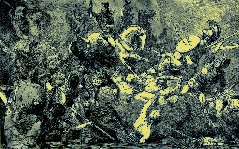 Zničení athénské armády na Sicílii, ilustrace z Ilustrované historie světa, publikované kolem roku 1880 (digitálně vylepšený obrázek) od English School