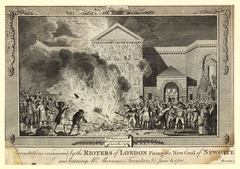 Devastace způsobené vzbouřenci z Londýna vypálením New Gaol of Newgate a spálením nábytku pana Akermanse, 6. června 1780 od English School