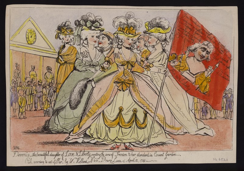 Devonia, krásná dcera lásky a svobody, zvoucí syny svobody na svůj standard v Covent Garden: politická satira na podporu vévodkyně z Devonshire Charlesi Jamesi Foxovi od English School