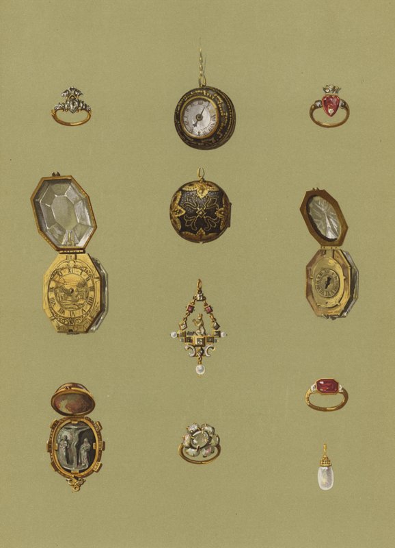 Diamantový prsten, Zlaté hodinky, Bloodstone Cameo, Zlaté hodinky, Jeweled Solitaire, Opálový Smuteční prsten Mary Queen of Scots, Zlatý prsten princezny Alžběty, Zlaté hodinky osmihranného tvaru, Zlatý prsten, Perlová náušnice od English School