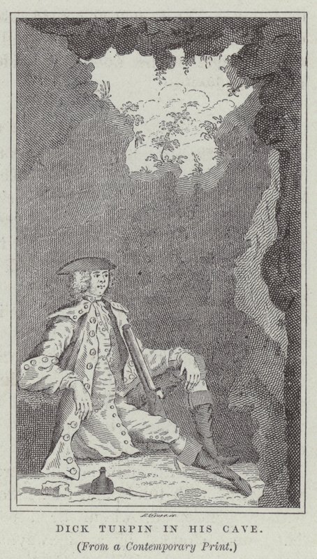 Dick Turpin ve své jeskyni (rytina) od English School