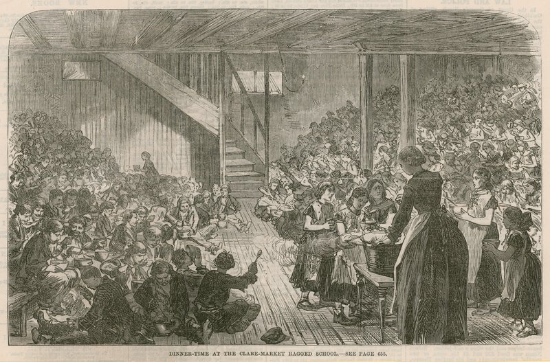 Čas večeře v otrhané škole Clare Market, Vánoce 1869 od English School