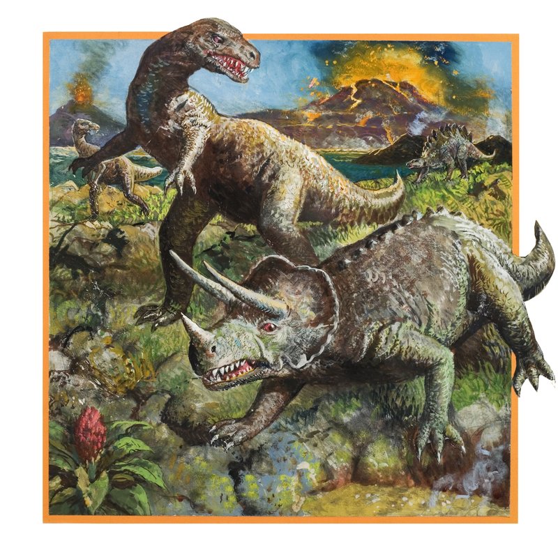 Dinosauři se sopkou (kvaš na papíře) od English School