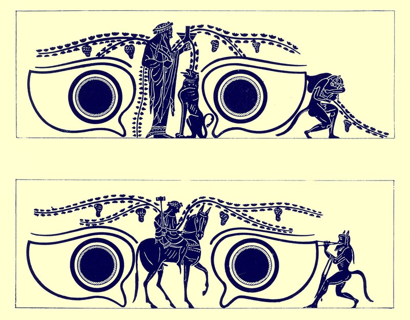 Dionysos, Héfaistos a satyrové, ilustrace z řeckých vázových maleb od J. E. Harrisona a D. S. MacColl, publikovaná v roce 1894 (digitálně vylepšený obrázek) od English School