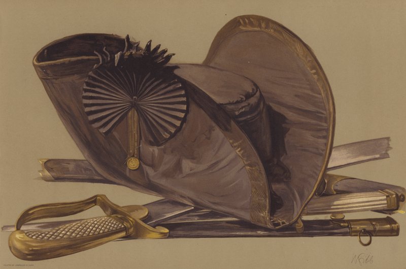 Dirk, meč a natažený klobouk lorda Nelsona (chromolitho) od English School