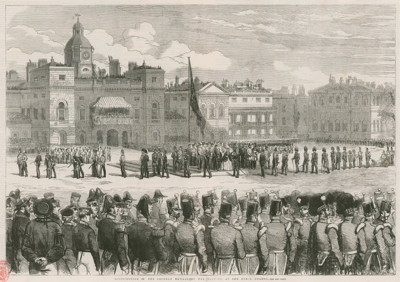 Distribuce krymských medailí Jejím Veličenstvom u Horse Guards od English School