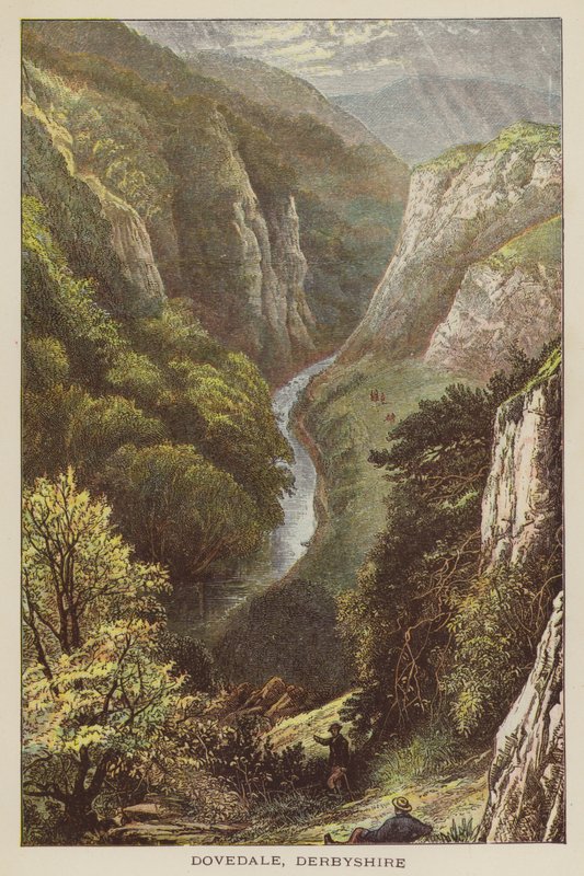 Dovedale, Derbyshire (barevná rytina) od English School