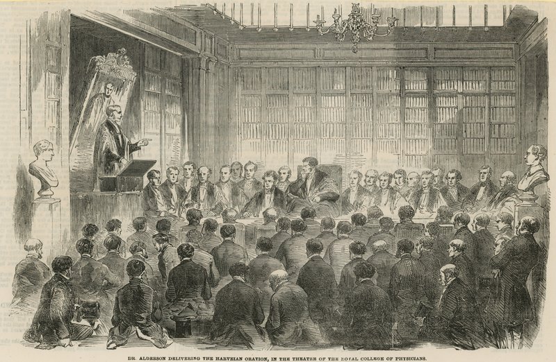 Dr Alderson přednáší Harveian Oration v divadle Royal College of Physicians od English School