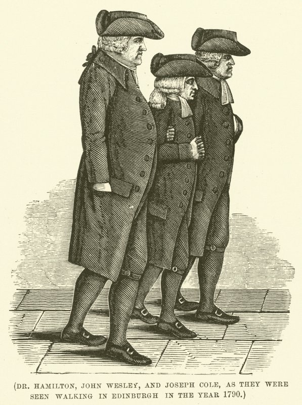 Dr. Hamilton, John Wesley a Joseph Cole na procházce v Edinburghu v roce 1790 (rytina) od English School