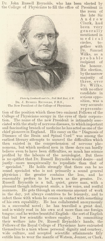 Dr J Russell Reynolds, FRS, nový prezident College of Physicians (rytina) od English School