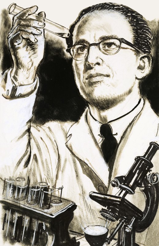 Dr Jonas Salk, tvůrce vakcíny proti obrně, se dívá na zkumavku od English School