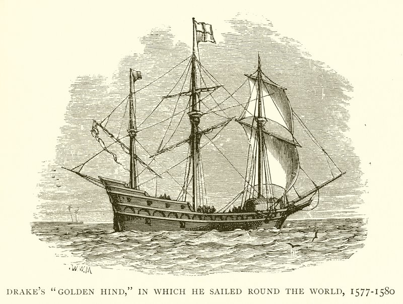 Drakes Golden Hind, ve kterém se plavil kolem světa, 1577-1580 od English School