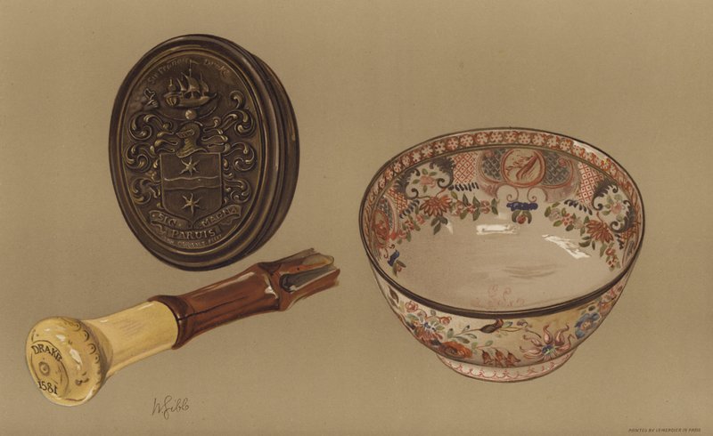 Drakeova vycházková hůl a mísa kapitána Cooka (chromolitho) od English School