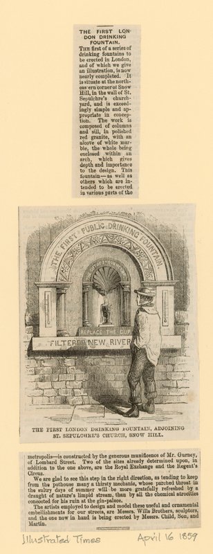 Pitná fontána, přilehlý kostel St Sepulchres, Snow Hill od English School