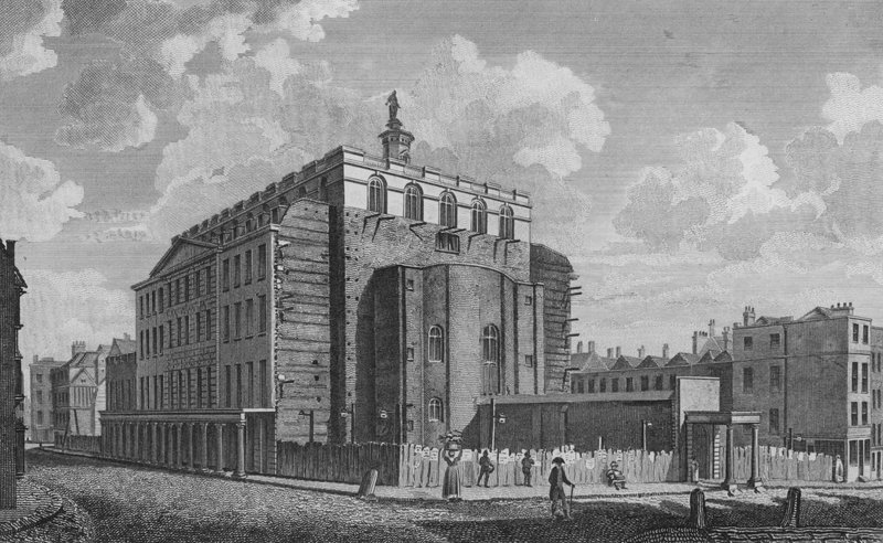 Drury Lane Theatre, Westminster, vyhořel v roce 1809 (rytina) od English School