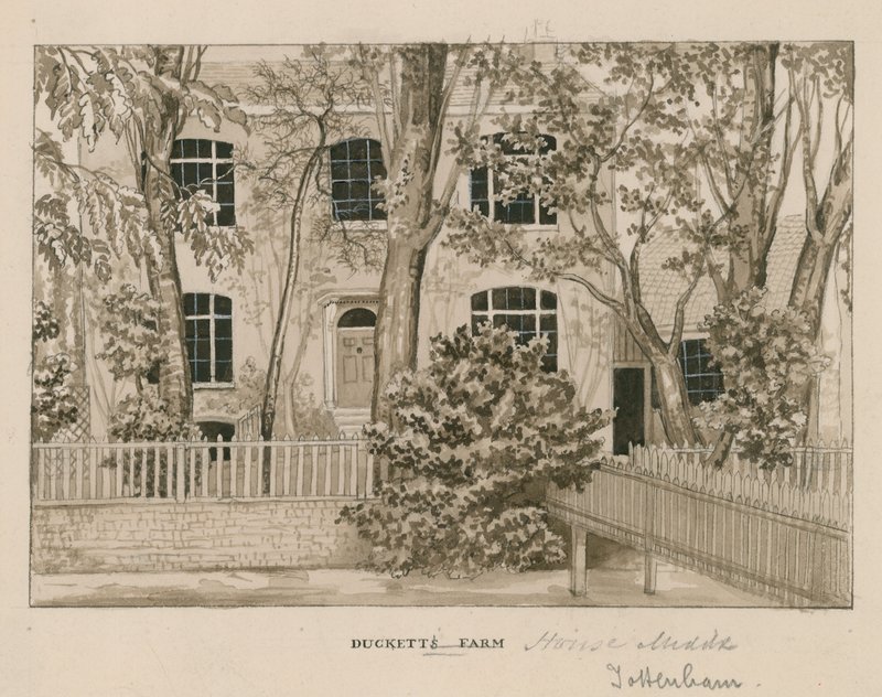 Ducketts Farm House, Tottenham, Londýn (wc na papíře) od English School