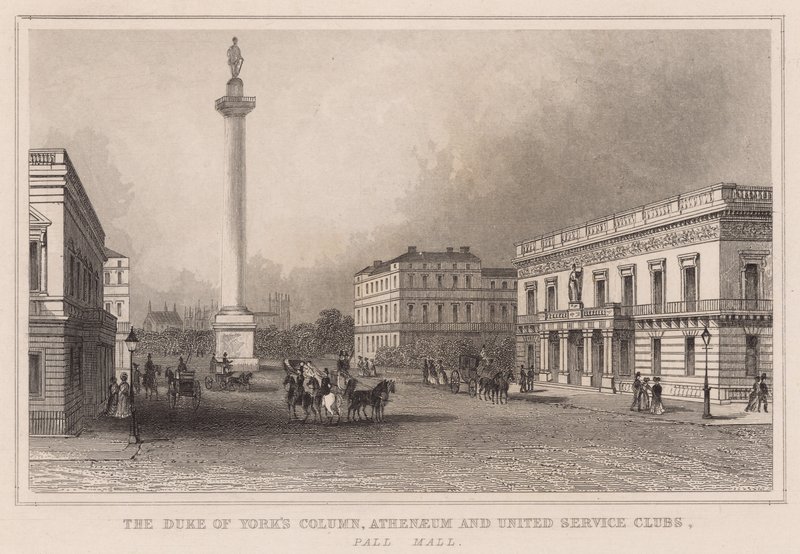 Duke of Yorks Column, Athenaeum a United Service Clubs, Pall Mall od English School