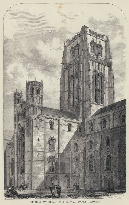 Durhamská katedrála, centrální věž obnovena (rytina) od English School