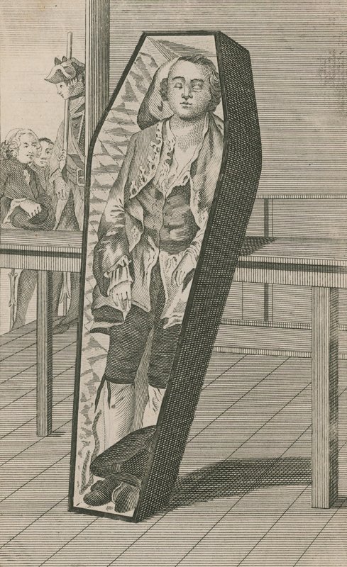 Earl Ferrers, když ležel ve své rakvi v Surgeons Hall od English School