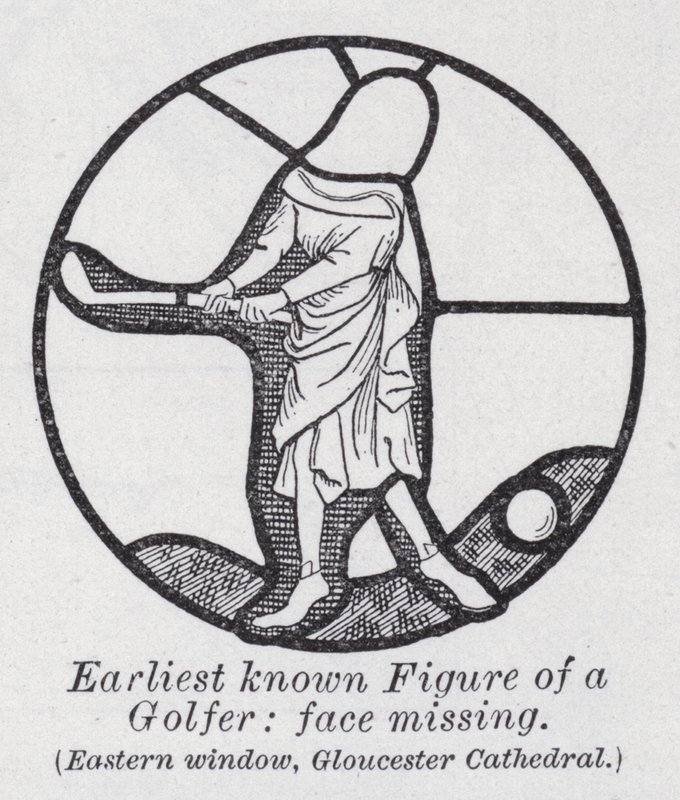 Nejstarší známá postava golfisty, obličej chybí, východní okno, katedrála Gloucester (litho) od English School