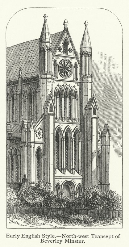 Raný anglický styl, severozápadní transept Beverley Minster (rytina) od English School
