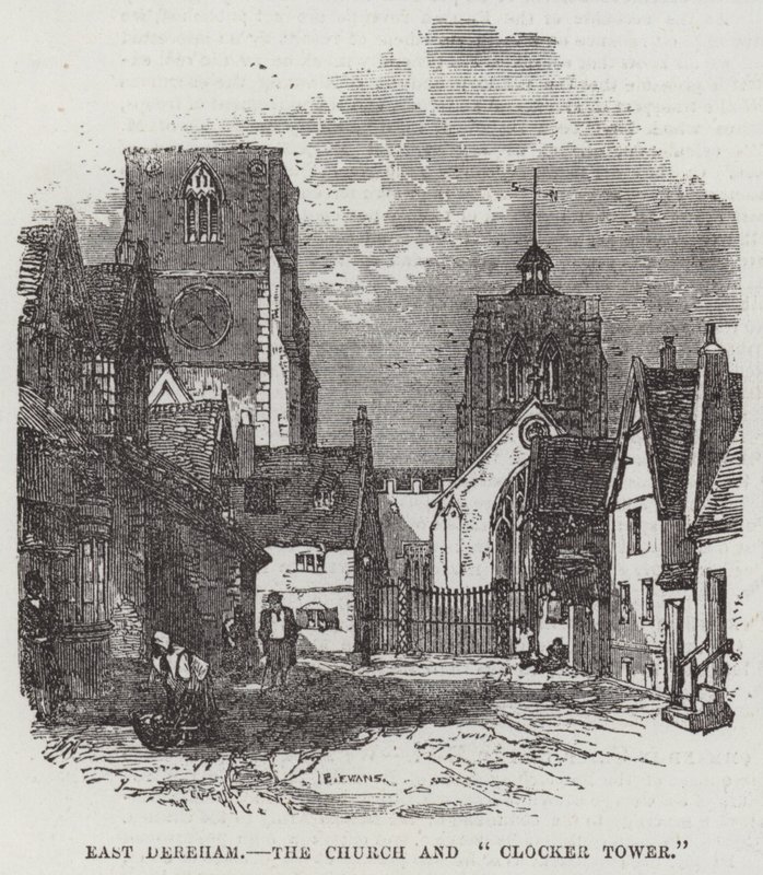 East Dereham, kostel a "Clocker Tower" (rytina) od English School