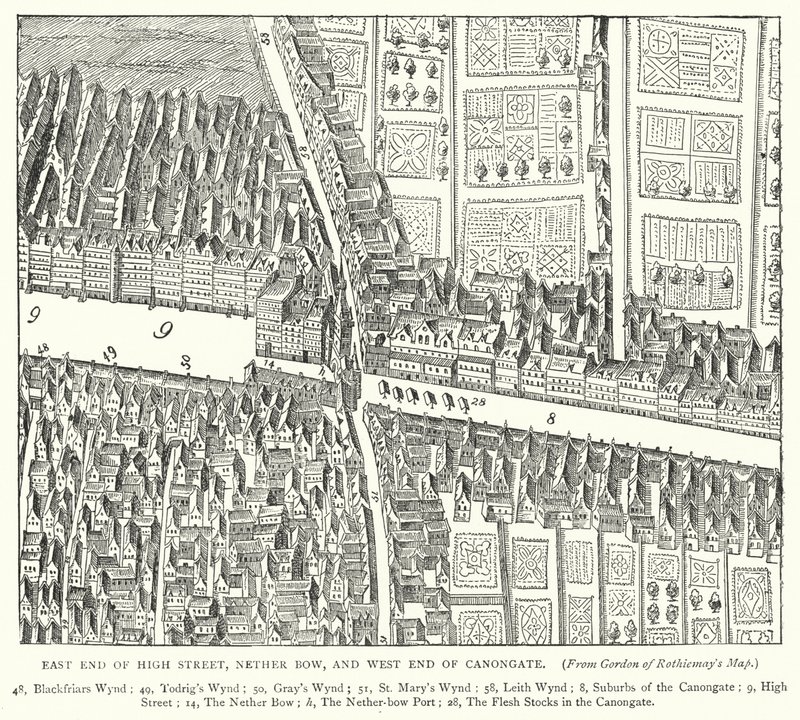 East End of High Street, Nether Bow a West End of Canongate (rytina) od English School