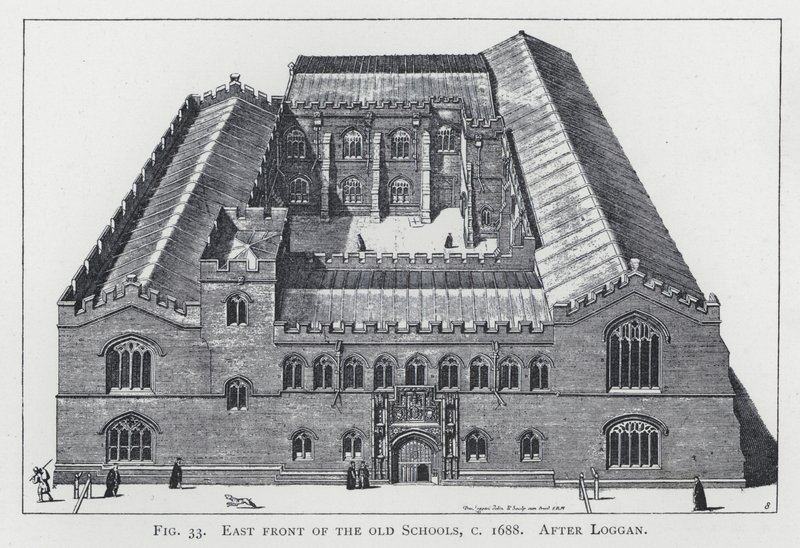 Východní fronta starých škol, c 1688, po Loggan od English School
