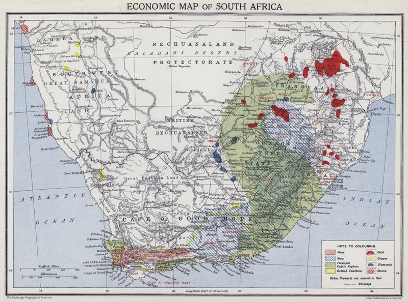 Ekonomická mapa Jižní Afriky (barevné lito) od English School