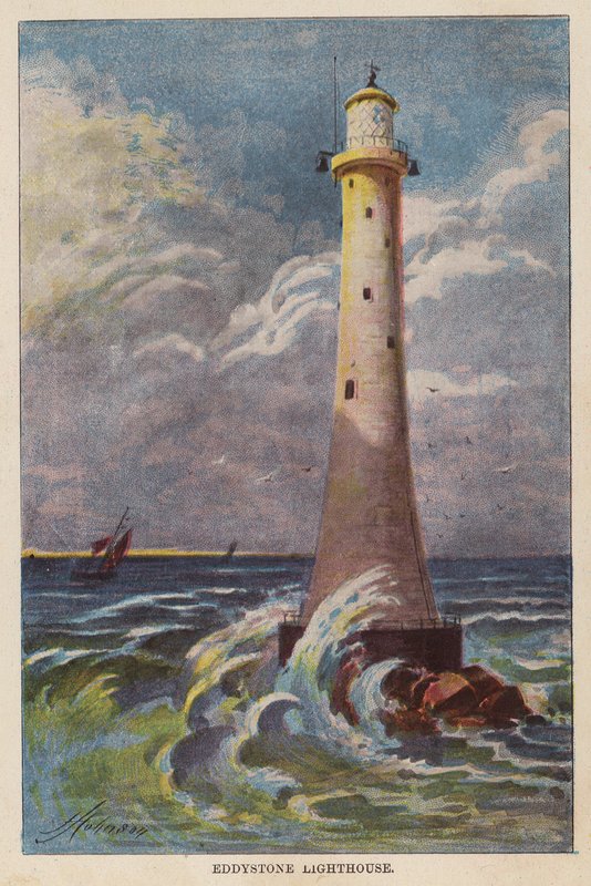 Maják Eddystone (barevná litografie) od English School